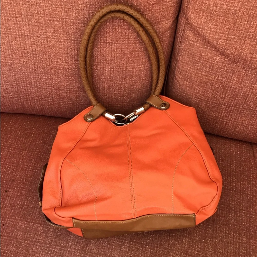 Coral orange brown Handbag purse braided handles 14” x 18” including handles EUC - Picture 11 of 15